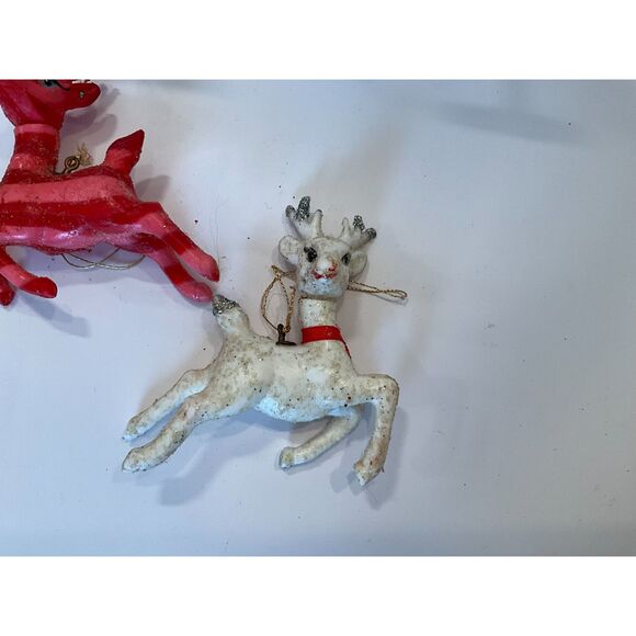 3 vintage plastic Reindeer Ornaments; 2 white and one red; glitter edges - Picture 6 of 8